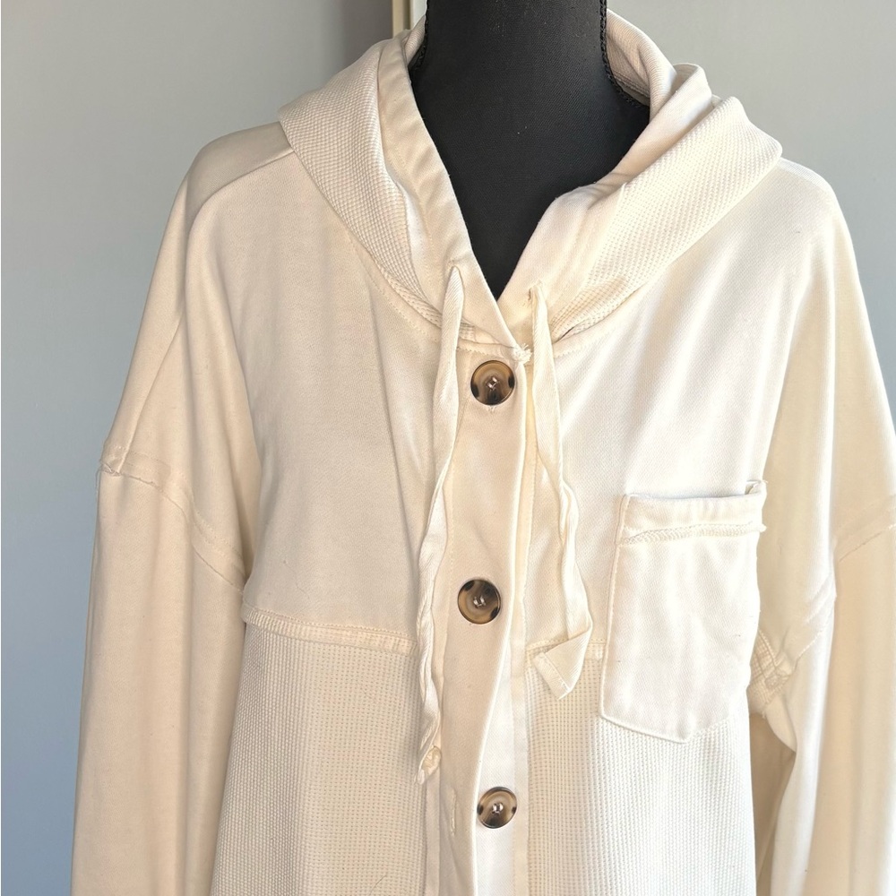 Hooded Cream Utility Jacket with Button Front